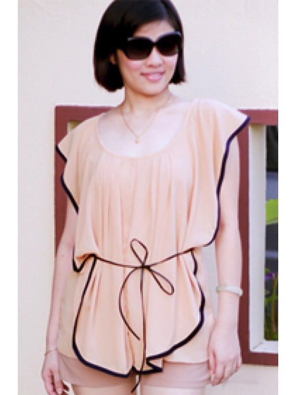 HC0452SD*BEIGE RUFFLE TOP WITH BELT (CLEARANCE)